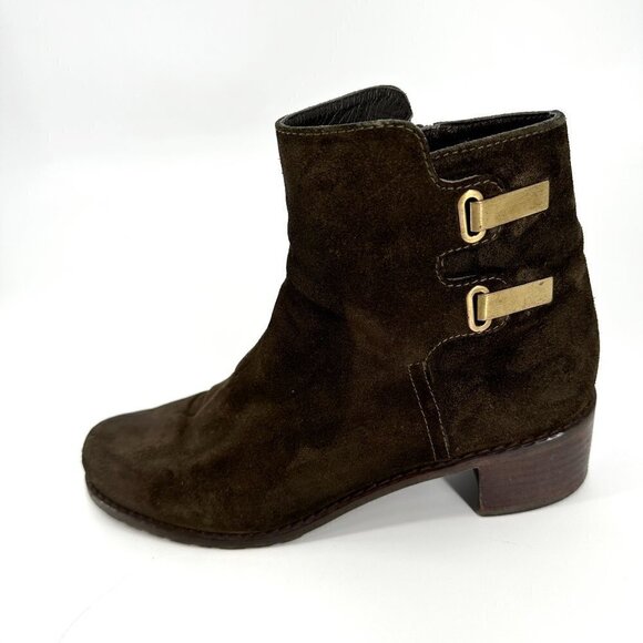 Stuart Weitzman Brown Suede Brass Buckle Stacked Heel Zipper 7 Ankle Boots - Picture 1 of 8